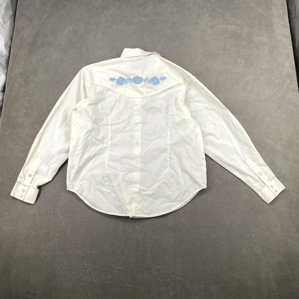 White Horse Western Shirt Women Medium White Floral Embroidered Pearl Snap Ranch - Picture 2 of 7